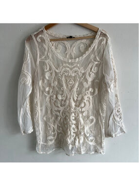Express Ivory Embroidered Sheer Blouse L